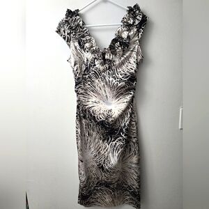 Maggie London cap sleeve ruffle v-neck cocktail dress black tan white ab…